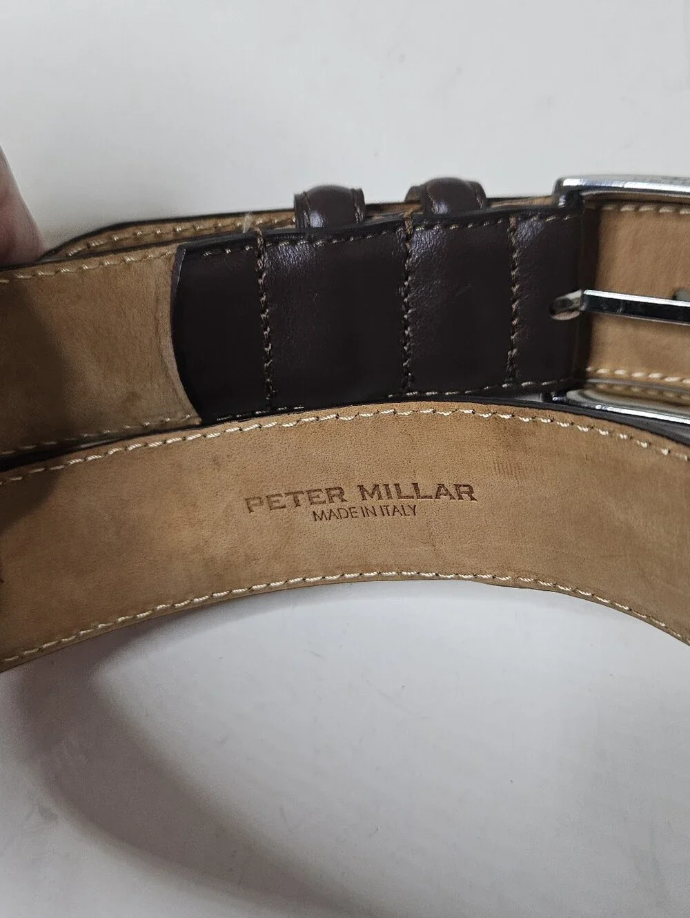 PETER MILLAR Crown Men's Classic Leather Belt Brown Leather Silver Buckle 38